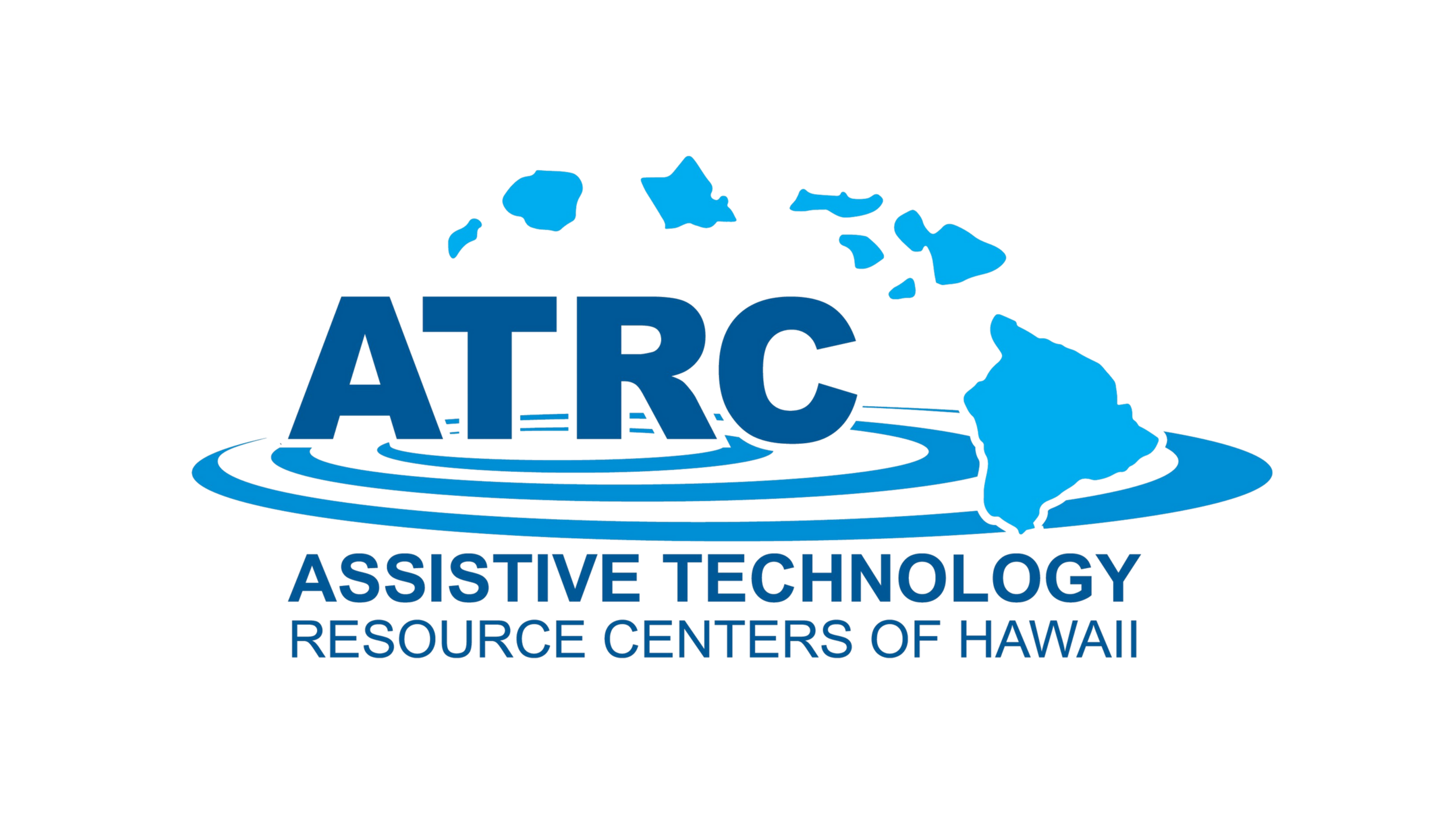 The ATRC logo. The letters ATRC are centered in blue, with the islands of Hawai'i above them. Water ripples out from beneath the letters. Underneath the ripples, the words Assistive Technology Resource Centers of Hawai'i are written in a smaller font.